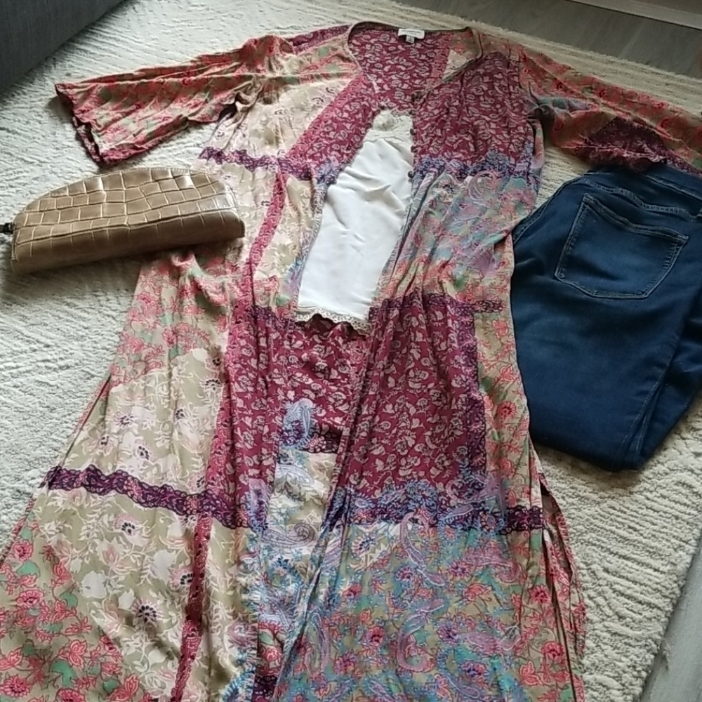 MAYDEN Los Angeles Boho Floral Patchwork Long Duster Kimono Vest Size Small - Picture 7 of 12